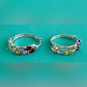 Elegant Multicolor Semi-Precious Gemstone Sterling Silver Hoop Earrings